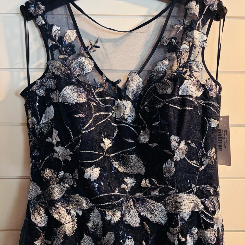 Teri Jon Navy Maxi Dress with Silver Floral Embroidery - Picture 6 of 14
